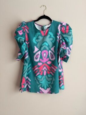NWT Teal Ikat Puff-Sleeve Blouse with Pink Accents